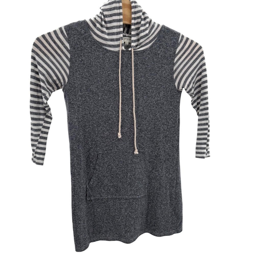 Umgee Tunic Top‎ Mini Dress Hooded Striped Long Sleeve Gray White Size S